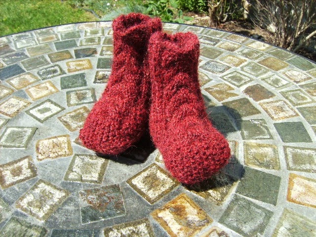 Alpaca Wool Baby Socks Booties Hand Knit Maroon Brown Red with Irish Aran Cables (Size NB 0 - 3 Months - Ready to Ship)
