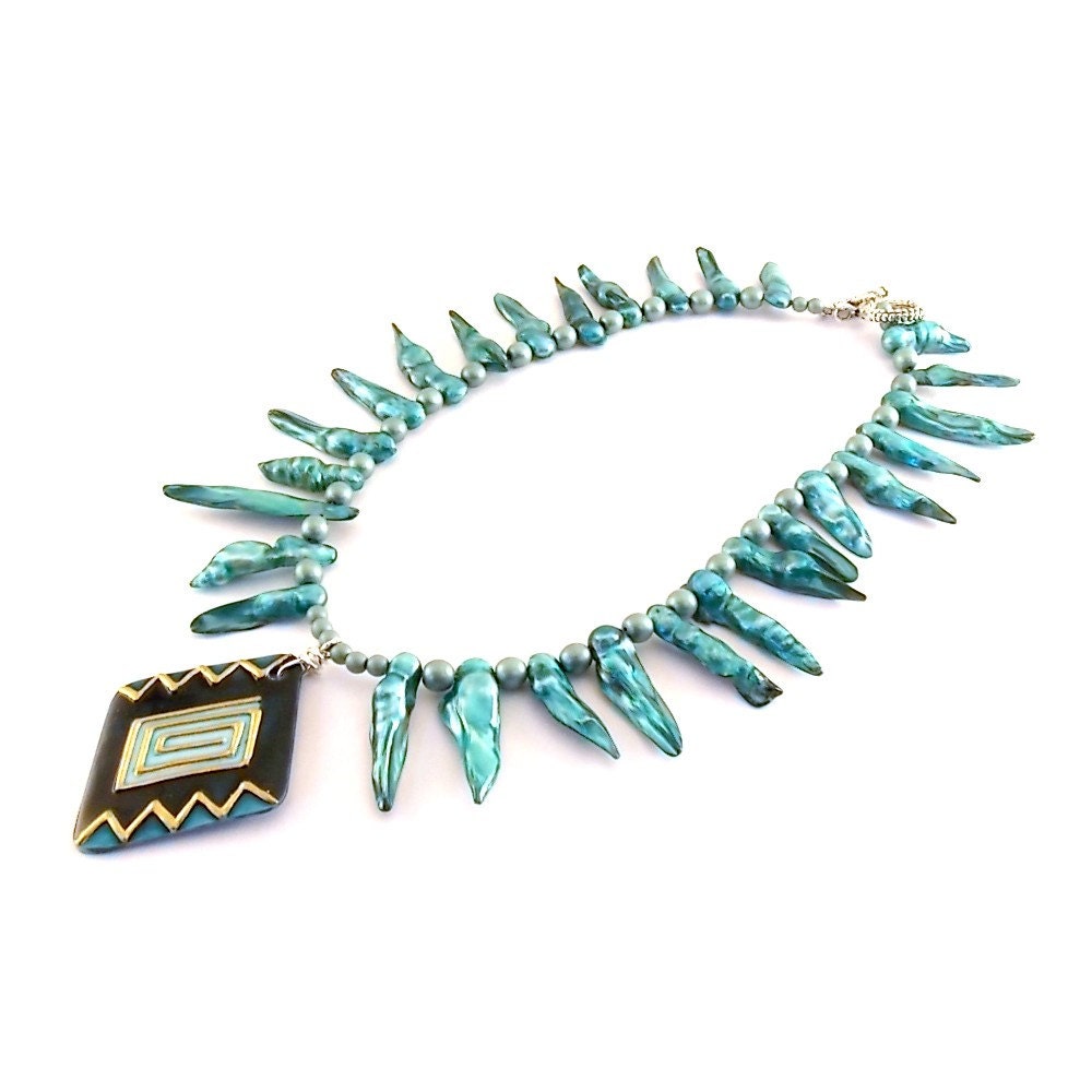 Turquoise Pearl Necklace Turquoise Mat Beads Black, Turquoise And Gold Diamond Shape Shell Pendant With Zig Zags Beaded Handmade