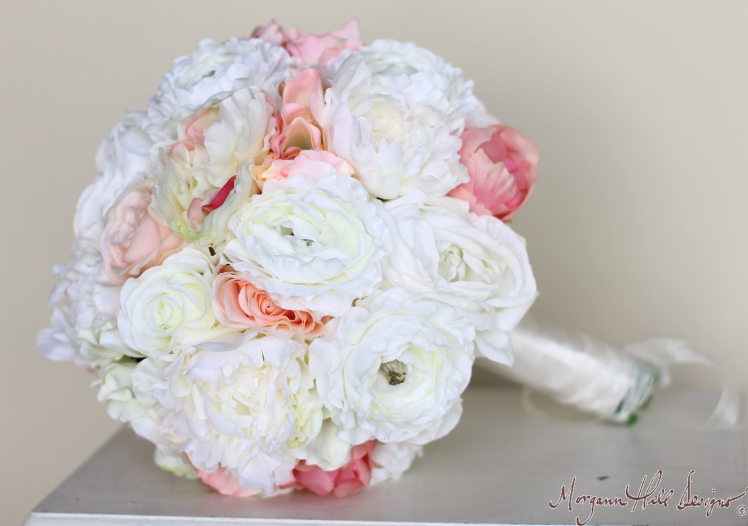 Silk Bride Bouquet Pink Cream White Peony Roses Shabby Chic Wedding Arrangement (Item Number 140106)