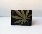 marijuana leaf men's wallet / card case - sage green on brown vegan leather : "half baked"