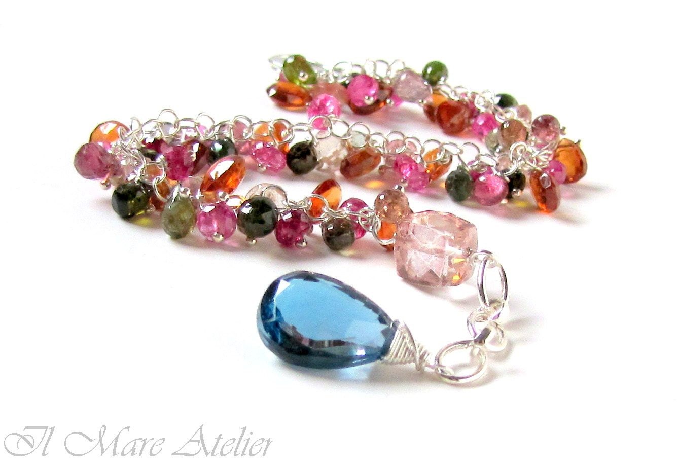 Tourmaline Garnet Ruby bracelet with London Blue Topaz charm in Sterling Silver - Candy Bar