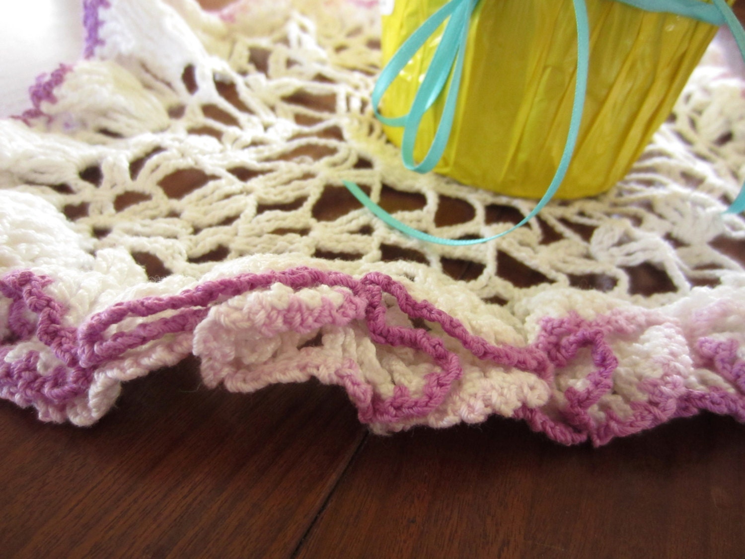 Vintage Crochet Lace Doily Purple Edged Table Accent
