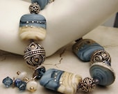 Lampwork Bracelet and Earrings Set, Sterling Silver Blue Beige Lampwork Beads Beaded Jewelry  'Denim Summer'