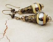Lampwork Earrings - Antique Brass  Iridescent Ivory Beads Swarovski Crystal Boho Beaded Jewelry 'Elusive'