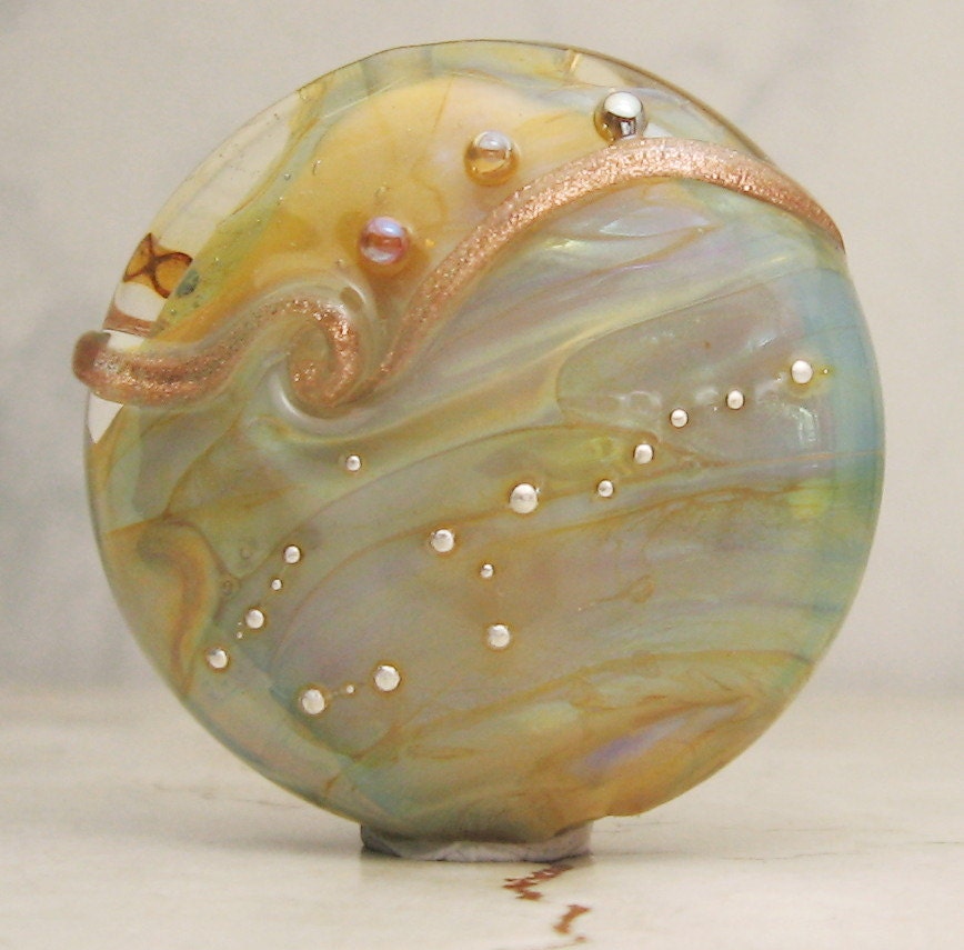 SRA Lampwork Glass Bead, Organic Focal Lentil Bead Iridescent Blue Green Silver