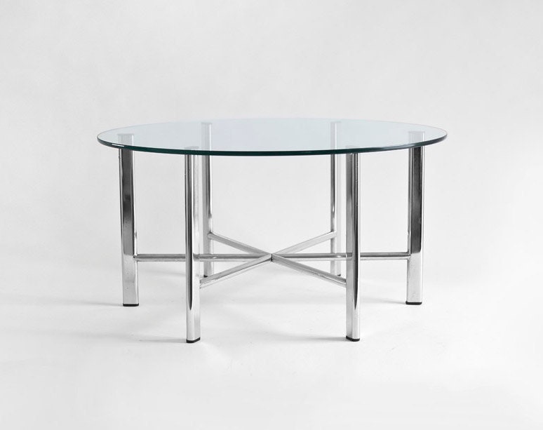 Mid Century Glass & Chrome Coffee Table - Modern, Round, Metal, Chrome