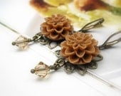 Feminine Victorian Style Flower Earrings, Swarovski Crystals, Dangle Earrings, Lucite Cabochons, Caramel Flower Earrings, Soft and Feminine