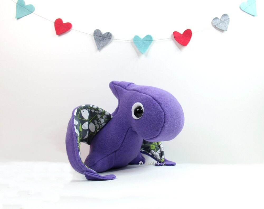 Eco Plush Pterodactyl Dinosaur in Bright Purple Wool with Green and Gray Accents Handmade with Upcycled, Recycled, & Eco Friendly Materials
