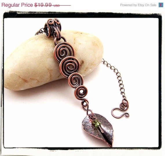 ON SALE 076 Green Peridot Leaf Cascading Spirals Antique Copper Pendant no Chain