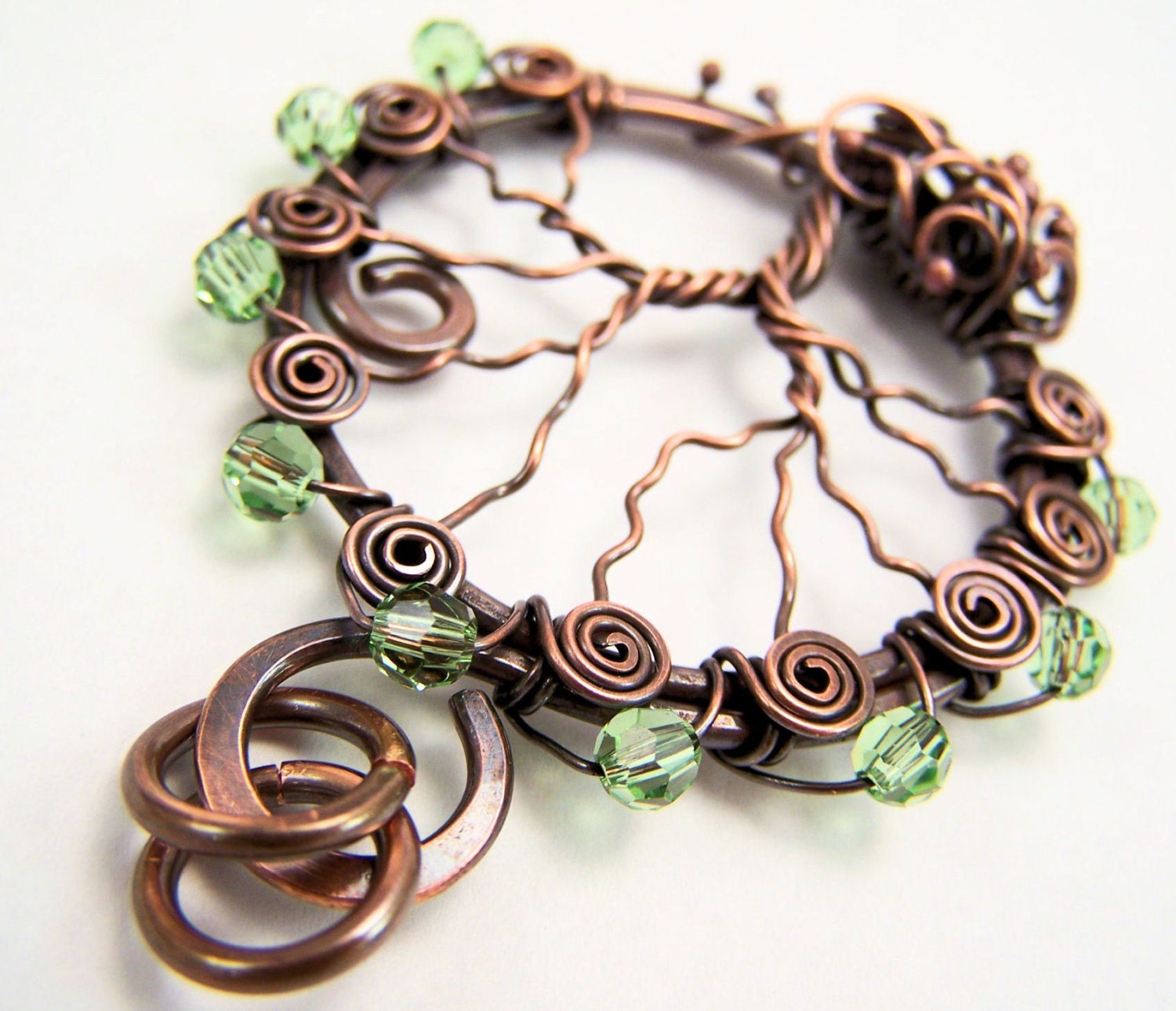 008 Antique Copper Faerie Green Crystal Wire Wrapped Tree of Life Pendant