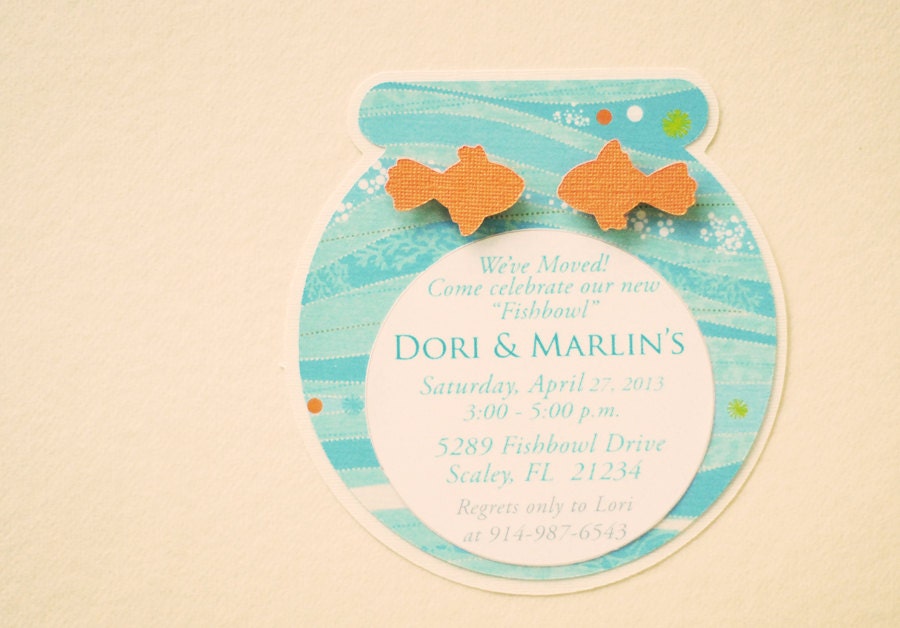 Goldfish Fishbowl Invite Couples Shower Housewarming New Home Invitation - Blue Grey Teal Cream
