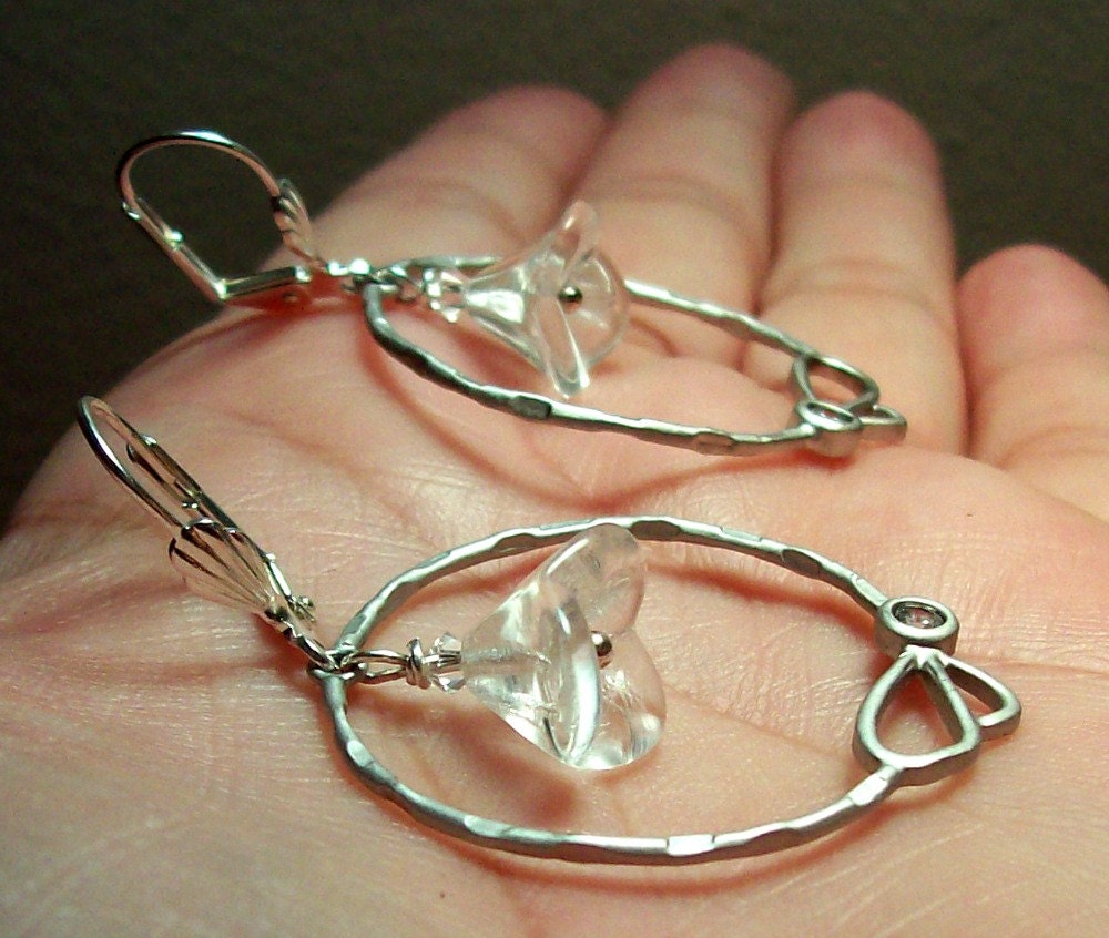 Signs of Spring - Butterfly Hoops and Glass Bell Flower - Silver Earrings