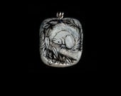 Squirrel in a Tree Pendant. India Ink Drawing on Polymer Clay. Very Light Blue and Black. 2979