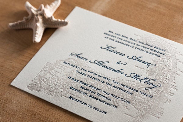 Destination Wedding Letterpress Wedding Invitations Set - Cape Cod map