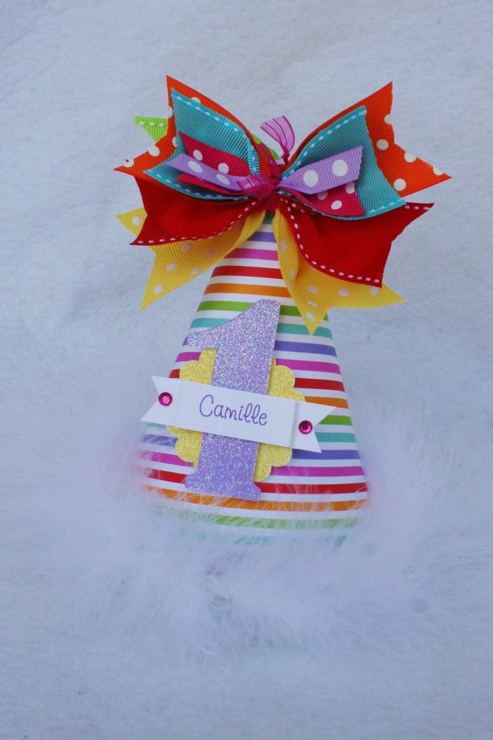 Sparkling Rainbow Birthday Party Hat with polka dots and stripes