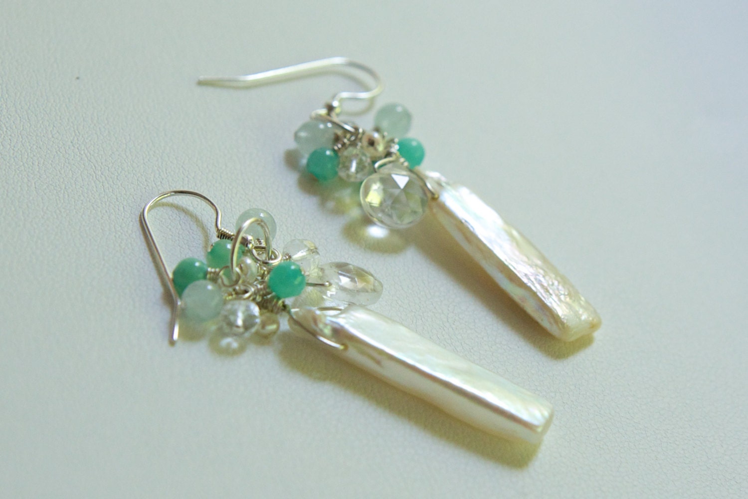 Sterling Silver Biwa Stick Pearl Gemstone Cluster Earrings