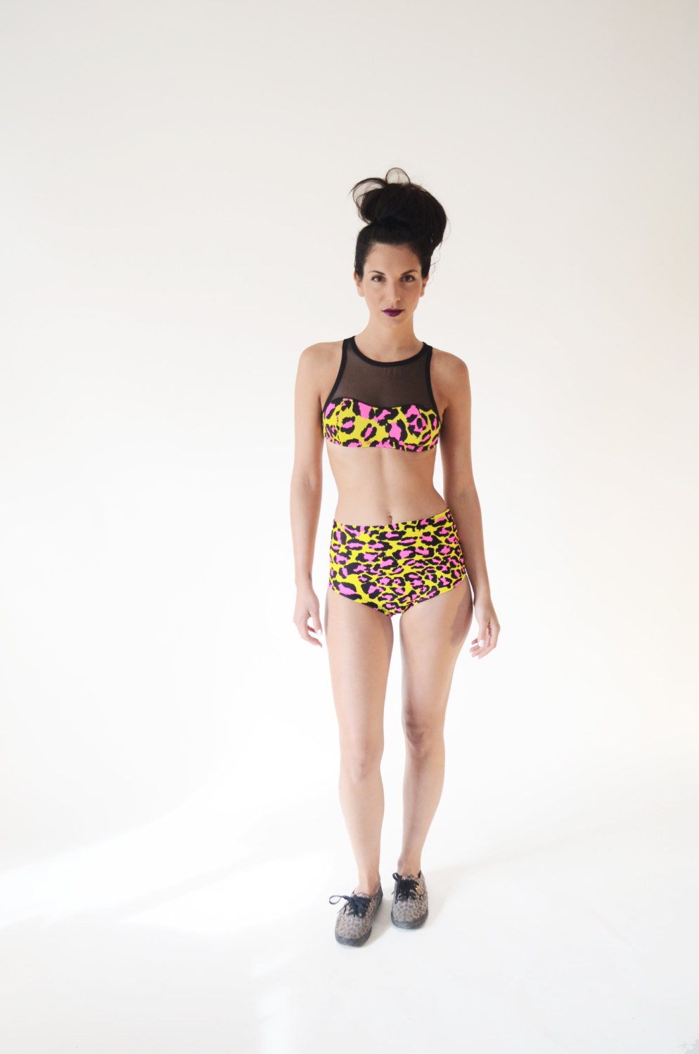 High waist swimsuit, leopard print with black mesh