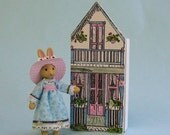 Miniature dressed bunny rabbit lady for 1/4" or doll for 1" scale plus free dollhouse kit