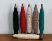Wood Textile Mill Bobbins with Thread, Vintage Spindles Collection of Six