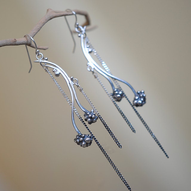 Ombré Earrings, Sterling Silver, Dangle, Handcrafted, Oxidized, Dramatic. BOTANICAL SWING EARRINGS.