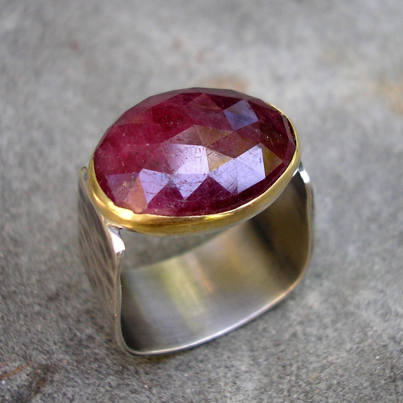 Ruby Ring - Rose Cut Ruby Ring - Ruby Gold Bezel Ring - Hammered Sterling Silver Band- US Size 6.5