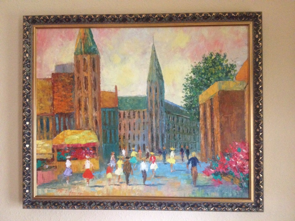 Vintage French Impressionistic oil painting of city