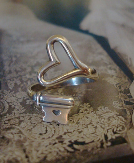 Steampunk Key Heart Ring, Vintage Style Skeleton Key, Sterling Silver Finish, You Choose Light Oxidation Or Shine