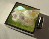 Rainbow Angel Aura Quartz Crystal Cluster Silver Bezel Resin Spring Pendant