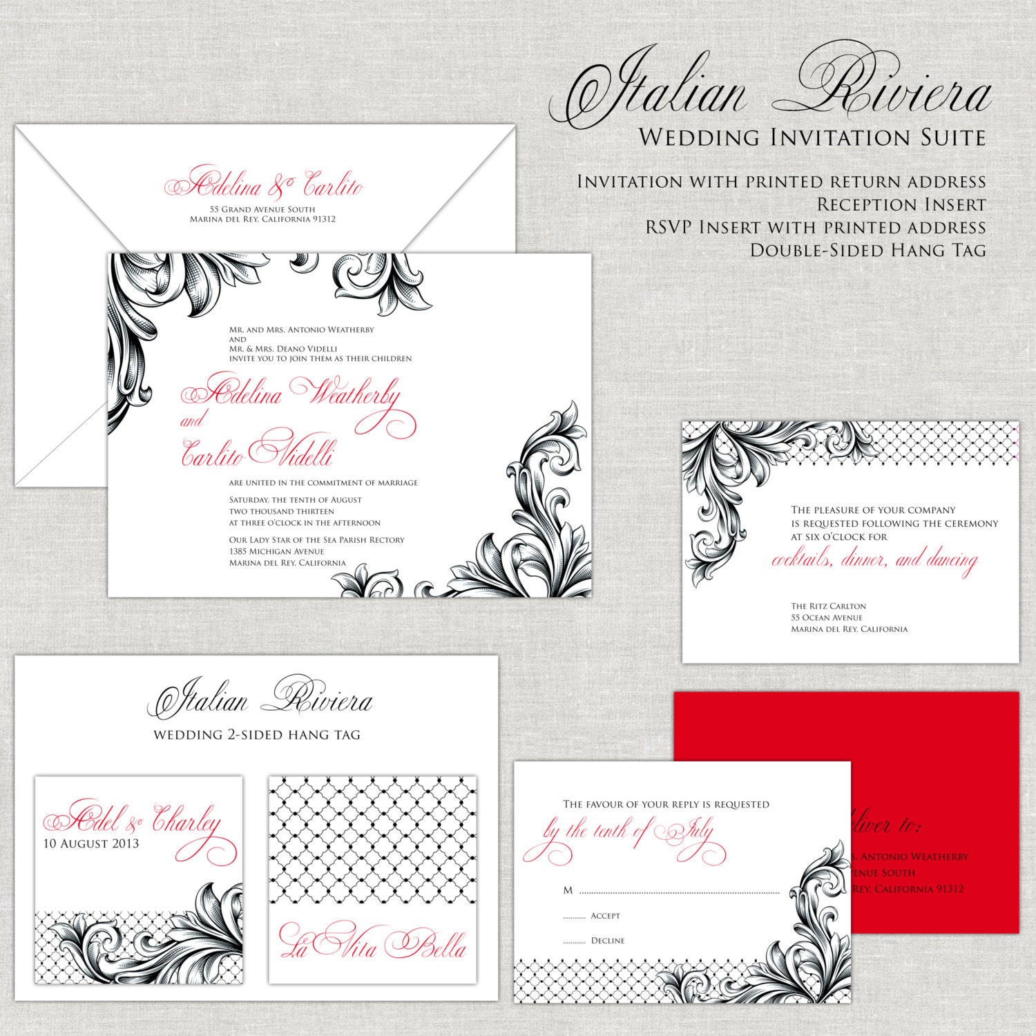 Black Tie Wedding Invitation, Wedding invites, Flourish Engraved Wedding Invitations Black and Red, Classic, Formal, Moroccan, Calligraphy Il_570xn