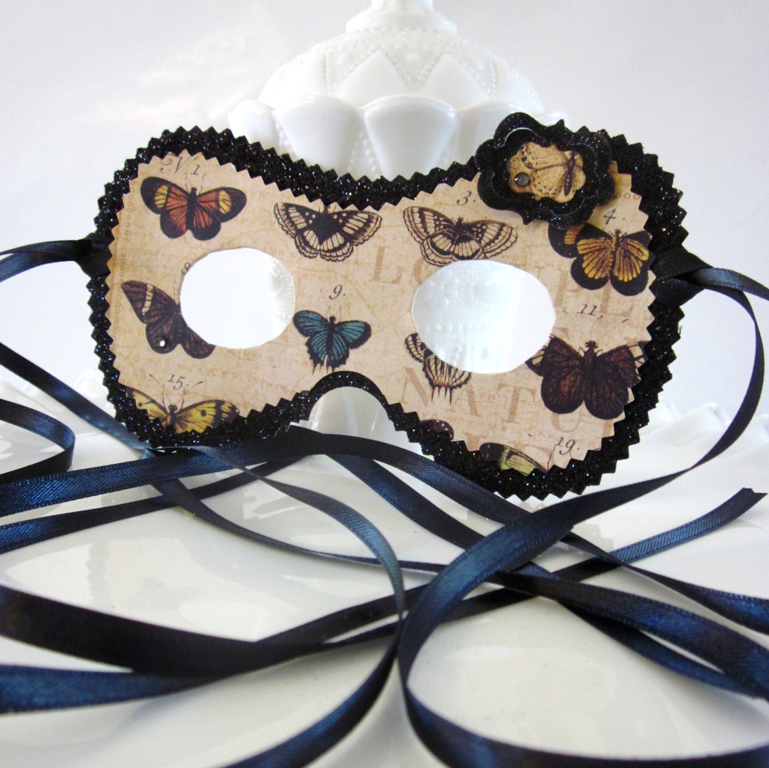 Beige and Black Scientific Butterfly Specimen Masquerade Mask Costume Party Favor