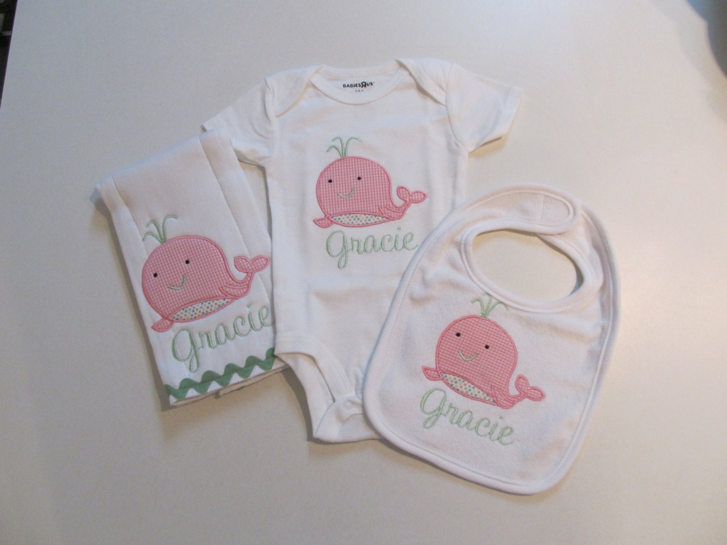 Baby Girl, Bib, Burpcloth and Onesie Set with Whale Applique in Pink Gingham, Pastel Micro Dot, Name, Ric Rac Trim