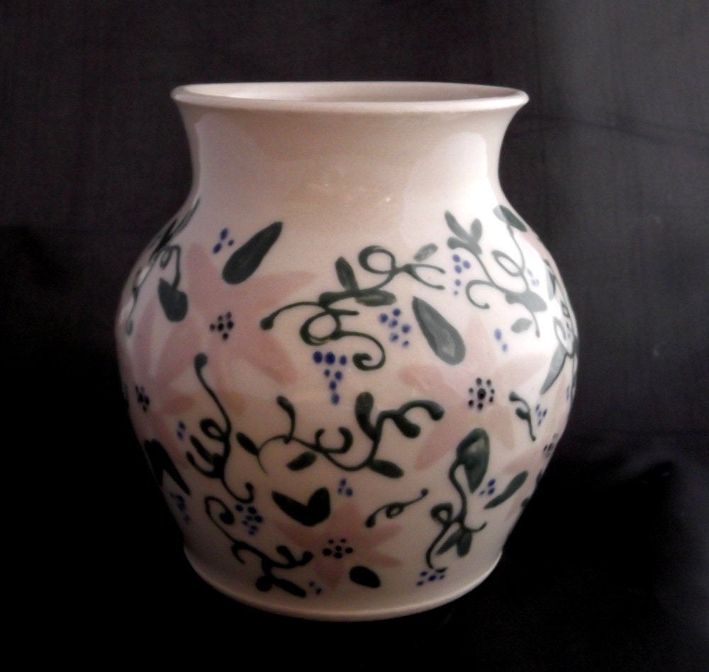 Ceramic Vase Hand Painted with Green Vines and Pale Pink Flowers