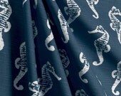 Designer, custom made shower curtain, extra long 72W X 84L inches Sea Horse navy blue and white