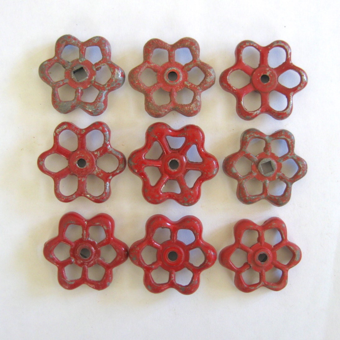 9 vintage faucet handles, red faucet handles, valve handles, 225, aluminum faucet knobs, steampunk knobs, water knobs, garden spigot knobs