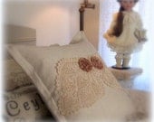 Large 20 Inch Linen Pillow, ANGEL WINGS, Lace Roses, ecru, latte, beige, bedroom, mothers day