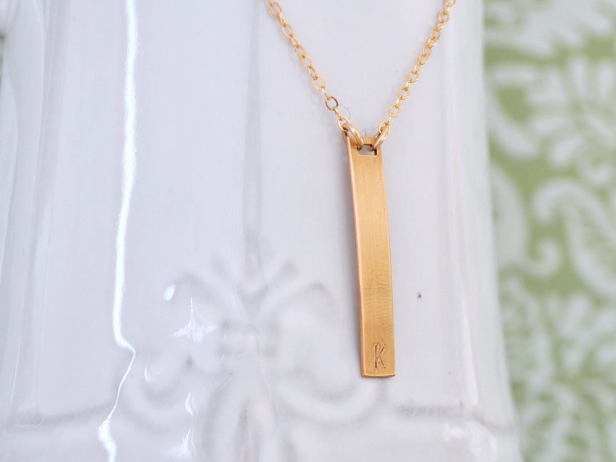INITIAL BAR NECKLACE vintage brushed brass tag geometric necklace with 14k gold filled chain
