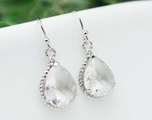 Bridal Jewelry Wedding Jewelry Bridal Earrings Bridesmaid Earrings Clear Glass Matte rodium Trimmed Pear Cut Earrings