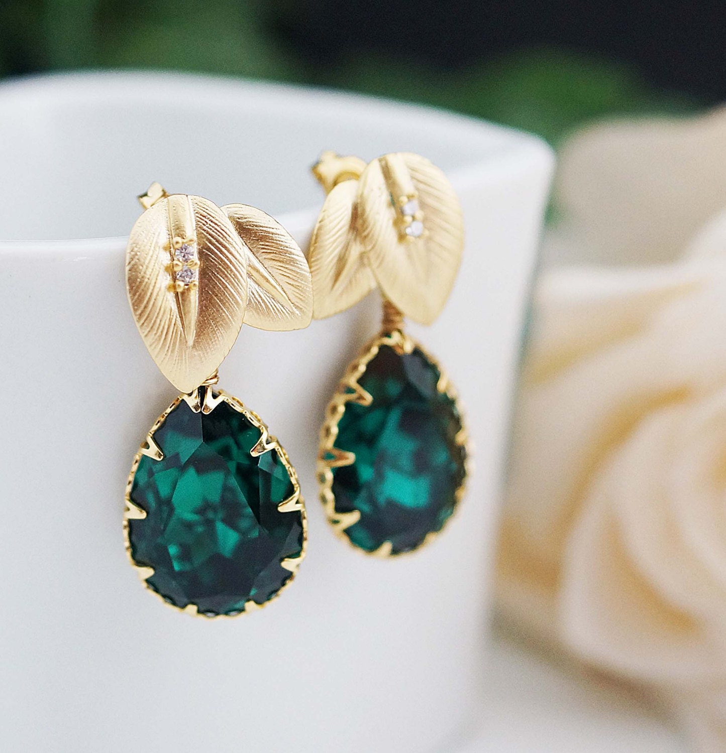 Wedding Jewelry Bridal Earrings Bridesmaid Earrings Bridal Jewelry Bridesmaid Gift leaf ear posts with Emerald Swarovski Tear drop earrings
