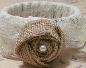 BURLAP & LACE BRACELET Rose Pearl Rosette Floral Shabby Chic Victorian Romantic Style Bangle Jewelry Accessory