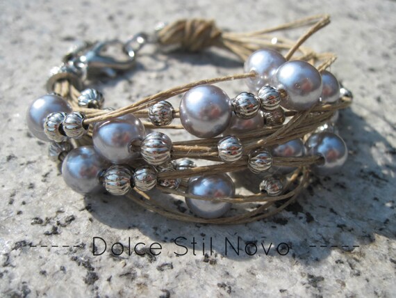 String bracelet silver and grey beads fiber jewelry