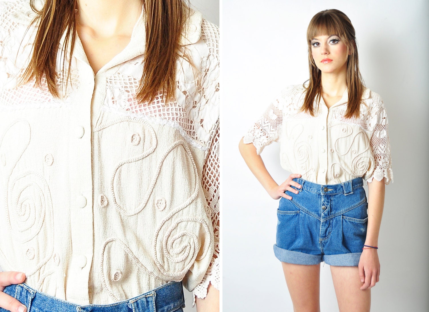 Vintage Beige Blouse, Cropped Top/ summer Medium