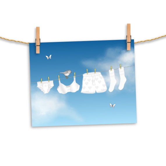 Frais et Propre (Fresh and Clean) original illustration 8x10 art print, laundry room art, FREE personalization, Mothers Day gift, blue sky