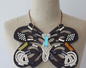 Large Statement Studded Faux Brown Leather Butterfly Bib Necklace with Embellishments on Rose Gold Chain