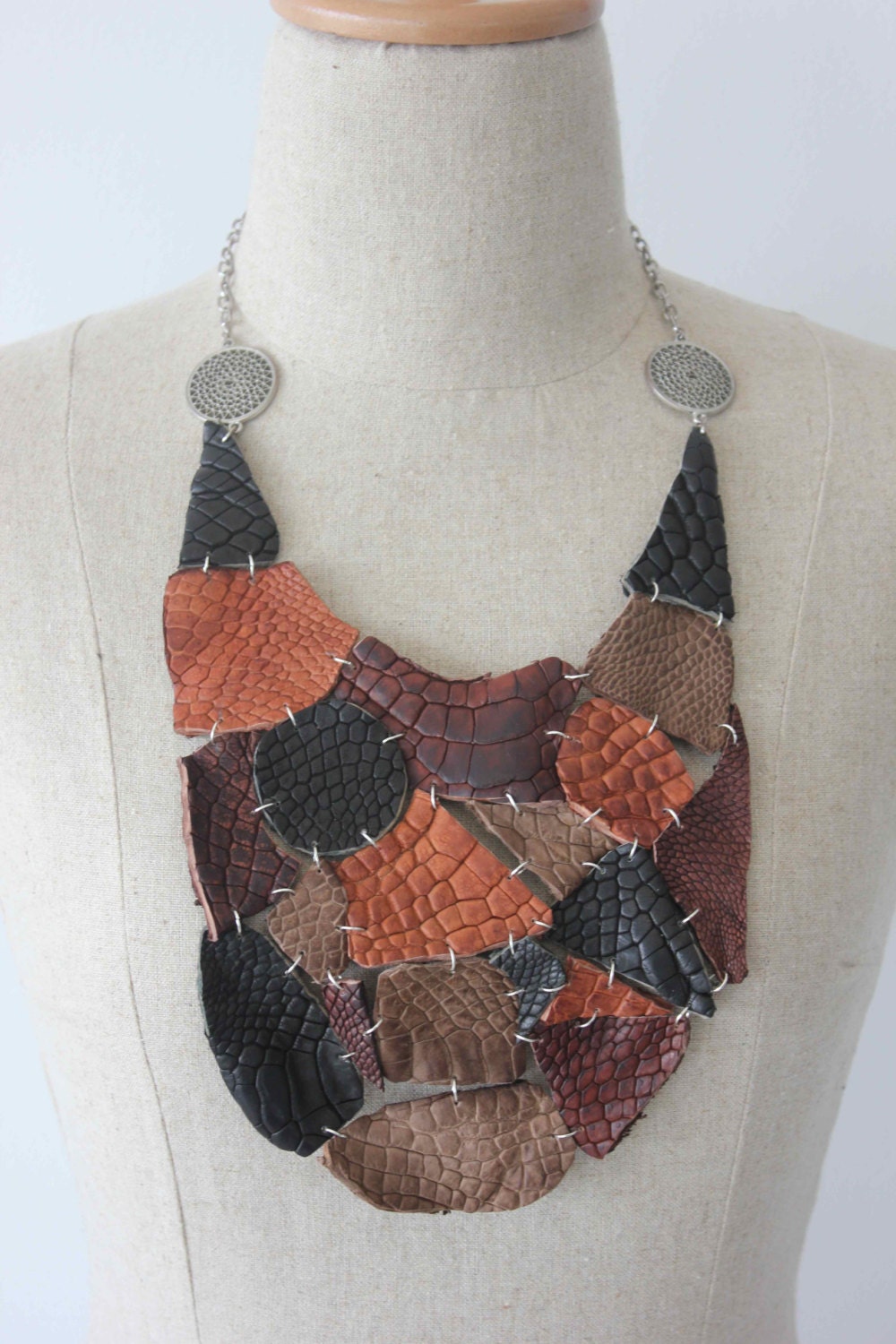 Croc Leather Mosaic Collar Bib Necklace & Bracelet Cuff Set - As featured in Fashion Week 2013