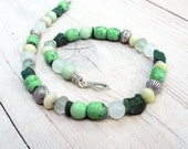 Green Yellow White Necklace, Ethnic Tribal Beadwork with African Trade Beads, Rough Apatite Nuggets, Sterling Silver