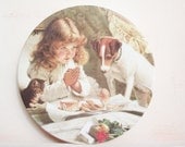 Vintage Decor. Vintage Melamine Plate. Decorative Collectables. Child, Dog and Kitten.