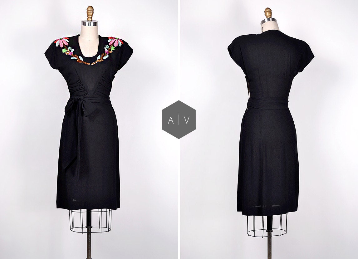 vintage 1940s dress / vintage 40s dress / sequined party 40s dress / black 40s dress