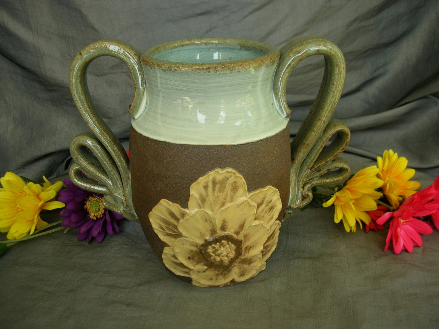 Ceramic Poppy Vase in  Sky Blue, Sun Yellow and Black Mountain