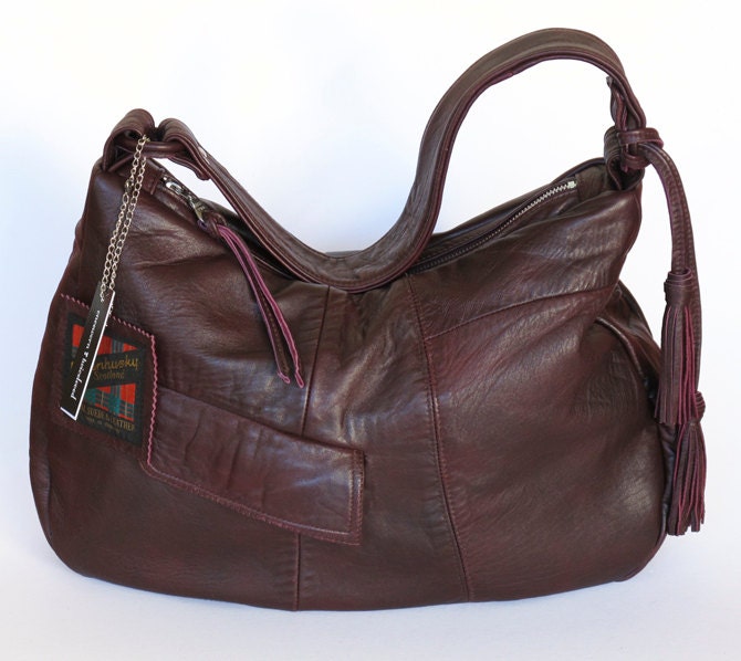 Rich Burgundy Leather Handbag, Dark Wine Large Bag, Unstructured Recycled Leather Hobo Bag