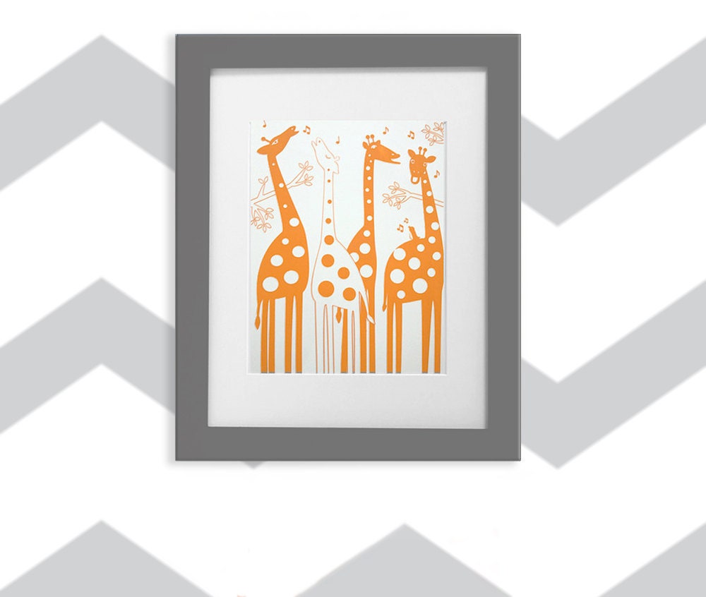 Singing Giraffes Artwork - Handprinted  on Paper - Great for the Nursery